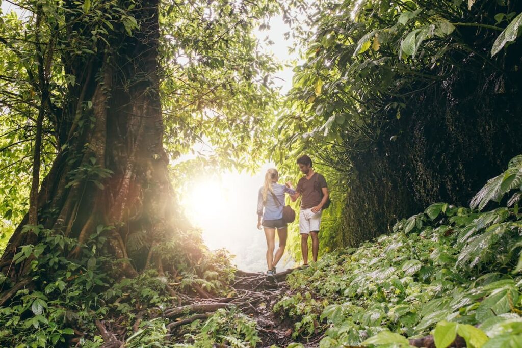 A couple hiking in the jungle while on their honeymoon in Costa Rica