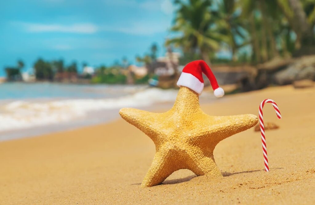 Starfish in the sand wearing a Christmas hat with a candy cane next to it on sandy beach in Costa Rica