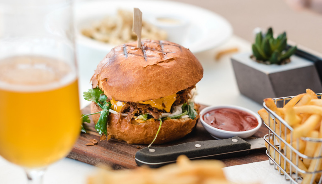 burger, fries, and a beer