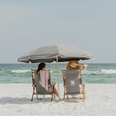 two women under a beach umbrella at the beach