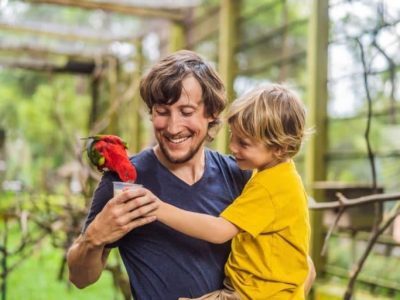 father and child feeding a parrot