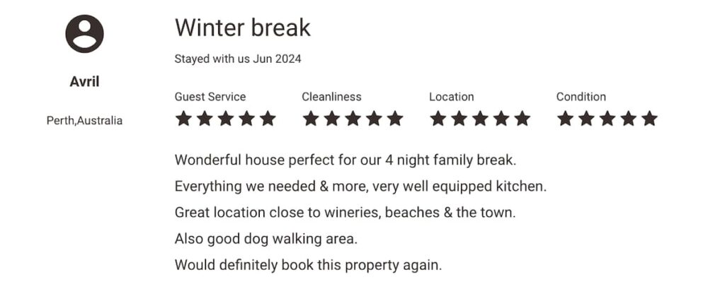 Five-star guest review for Vaila, a pet-friendly holiday home in WA's southwest