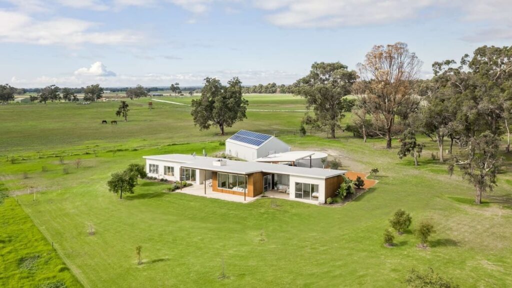 Aerial view of Busselton Hithergreen, a pet-friendly holiday home with acres of land surrounding the property