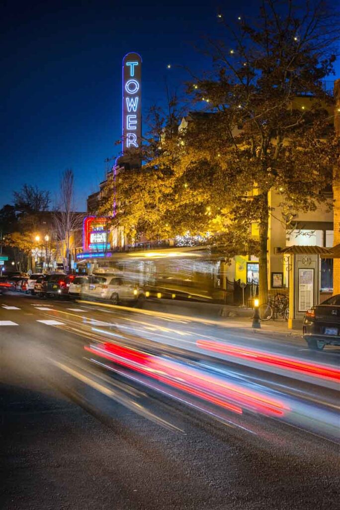 Historic Tower Theater at night Bend Oregon