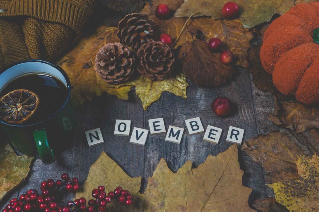 Fall Leaves and Decorations Around Tiles Spelling November