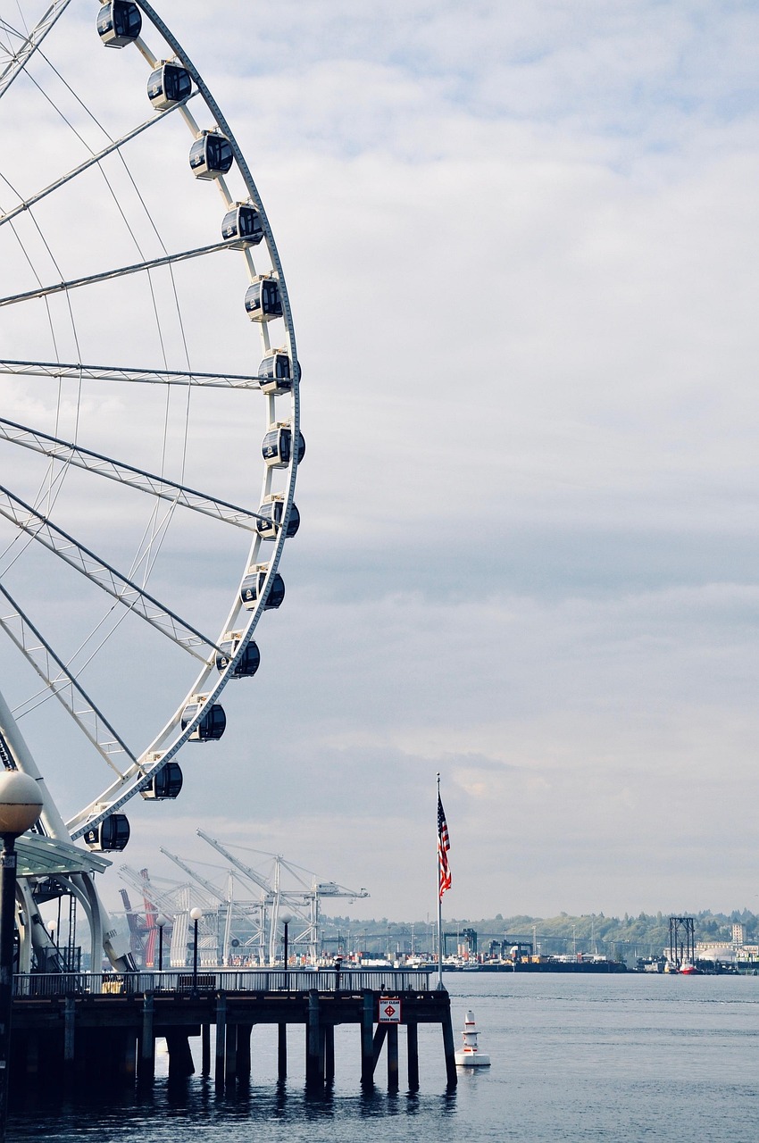 seattle, nature, america, usa, ferris wheel, city, water, washington state, american flag, pier, tourism-3429902.jpg