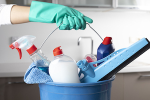 Woman holding cleaning products with glove.