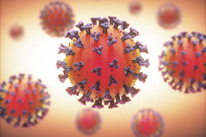 COVID-19, Coronavirus, group of viruses that cause diseases in mammals and birds. In humans, the virus causes respiratory infections. 3D illustration. (COVID-19, Coronavirus, group of viruses that cause diseases in mammals and birds.