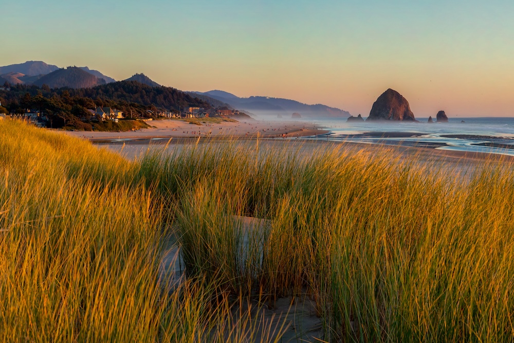 Oregon coast with view of Haystack Rock in Cannon Beach