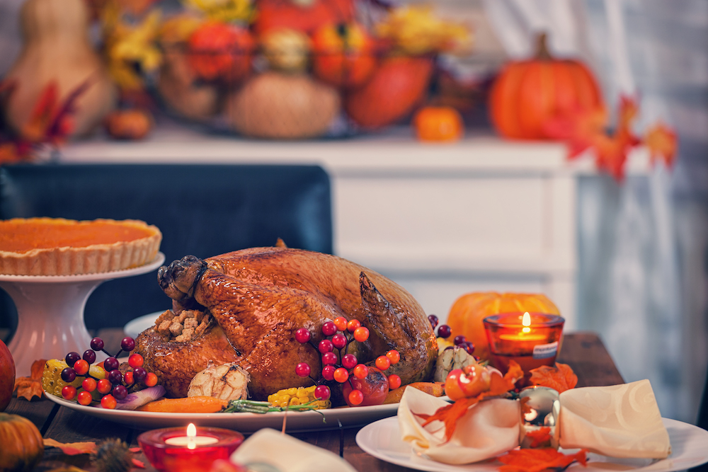 turkey and fall decorations on a table