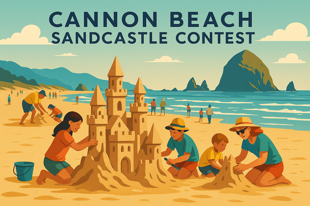 illustrated image of families building sandcastles on the beach in Cannon Beach, Oregon