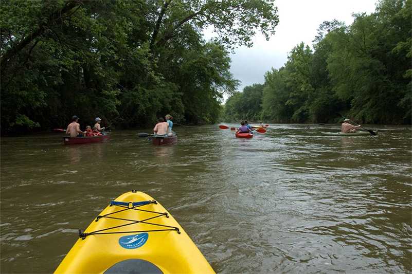 Image from a Georgia cabin of Kayakers paddling on the river