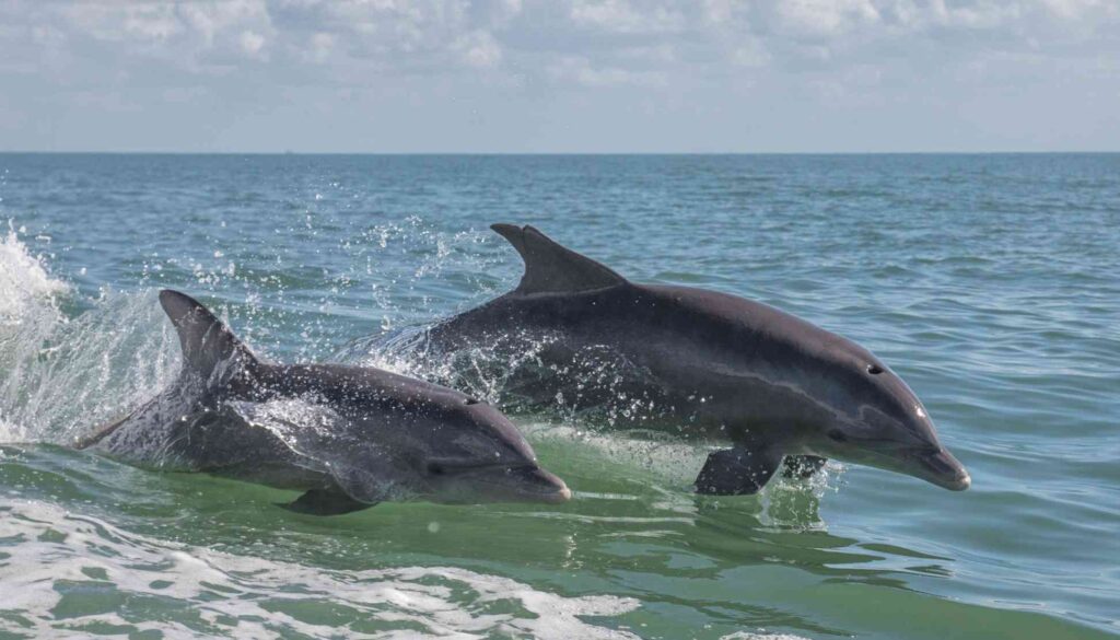 two dolphins diving out of the water