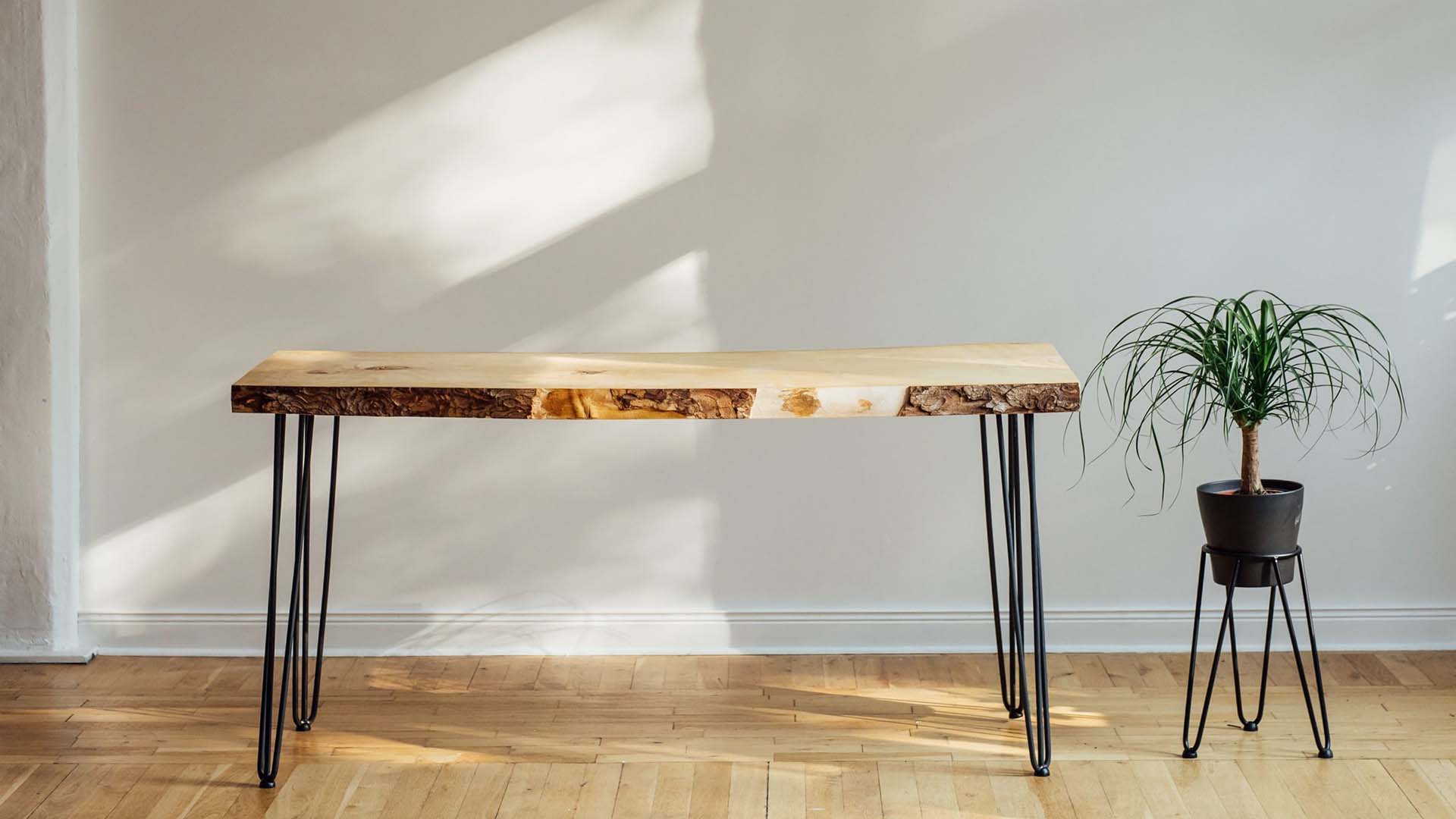 wooden side table with plant