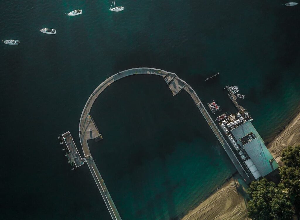 Aerial View of Balmoral Baths, an aquatic experience that combines the charm of a natural Mosman beach with the comfort of a controlled swimming environment. 