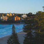 A serene sunset view of a Manly Beach in Sydney with apartment buildings amidst lush greenery.