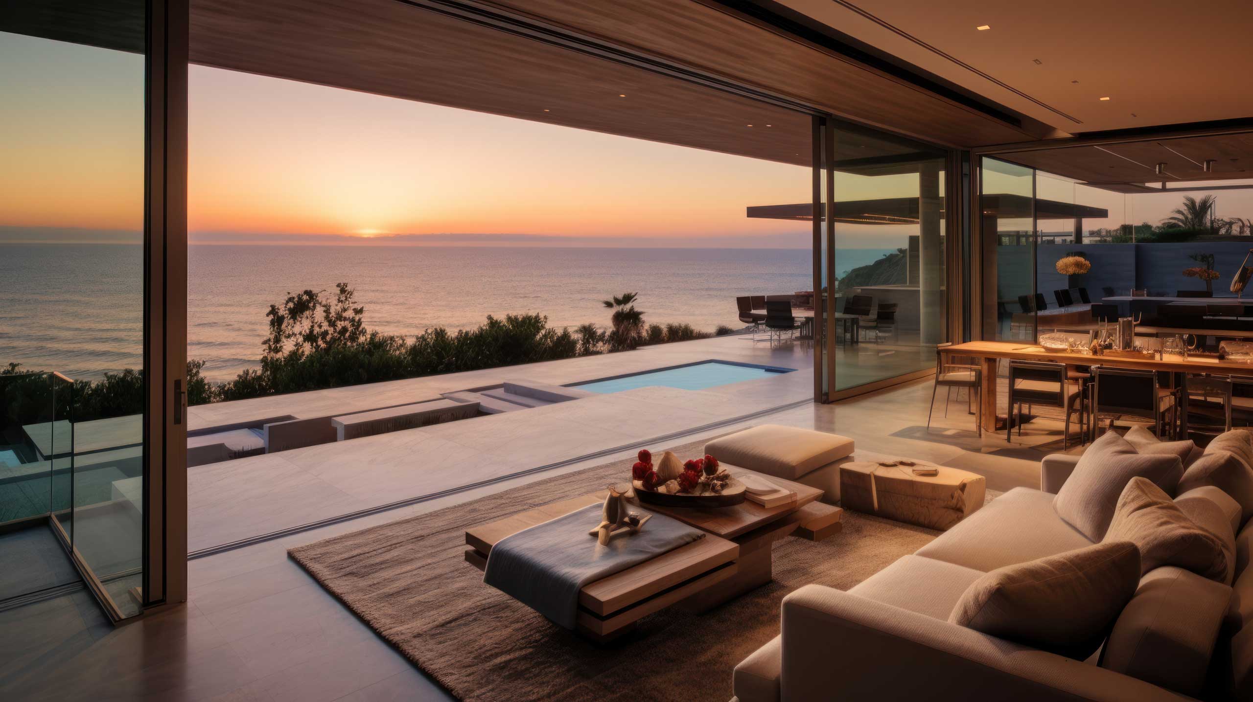 Interior view of a luxurious living room with expansive glass windows showcasing a sunset over the ocean and an outdoor pool.