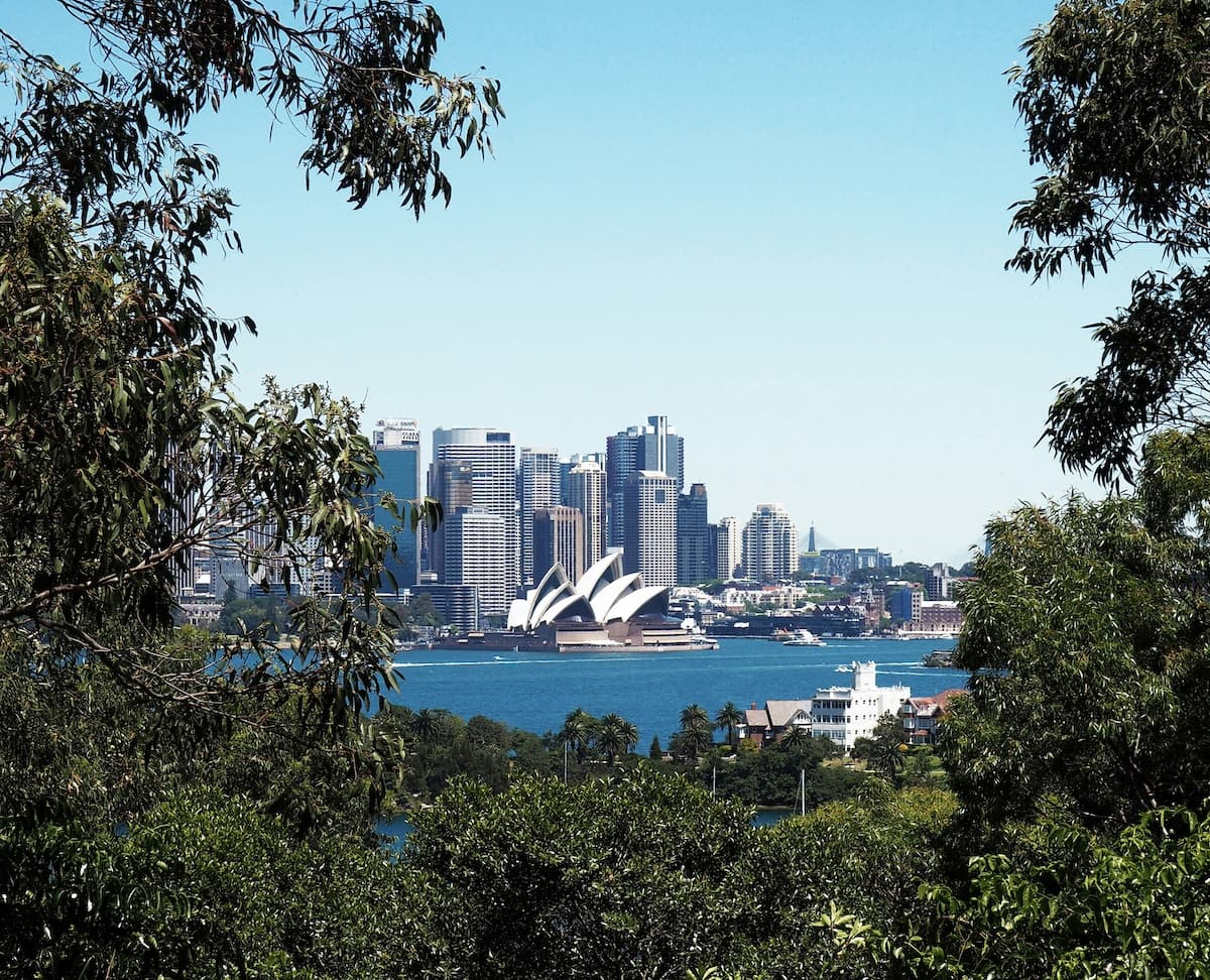 View of downtown Sydney and the Sydney Opera House from the Sydney Harbour National Park in Mosman