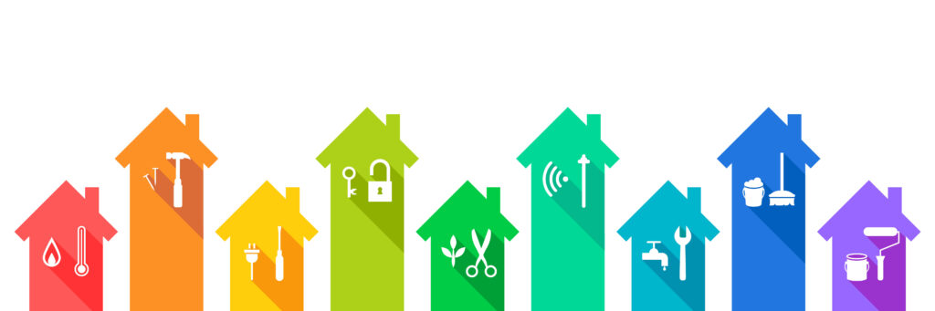 Infographic of property management services, depicting various house icons representing maintenance, security, and enhancements.