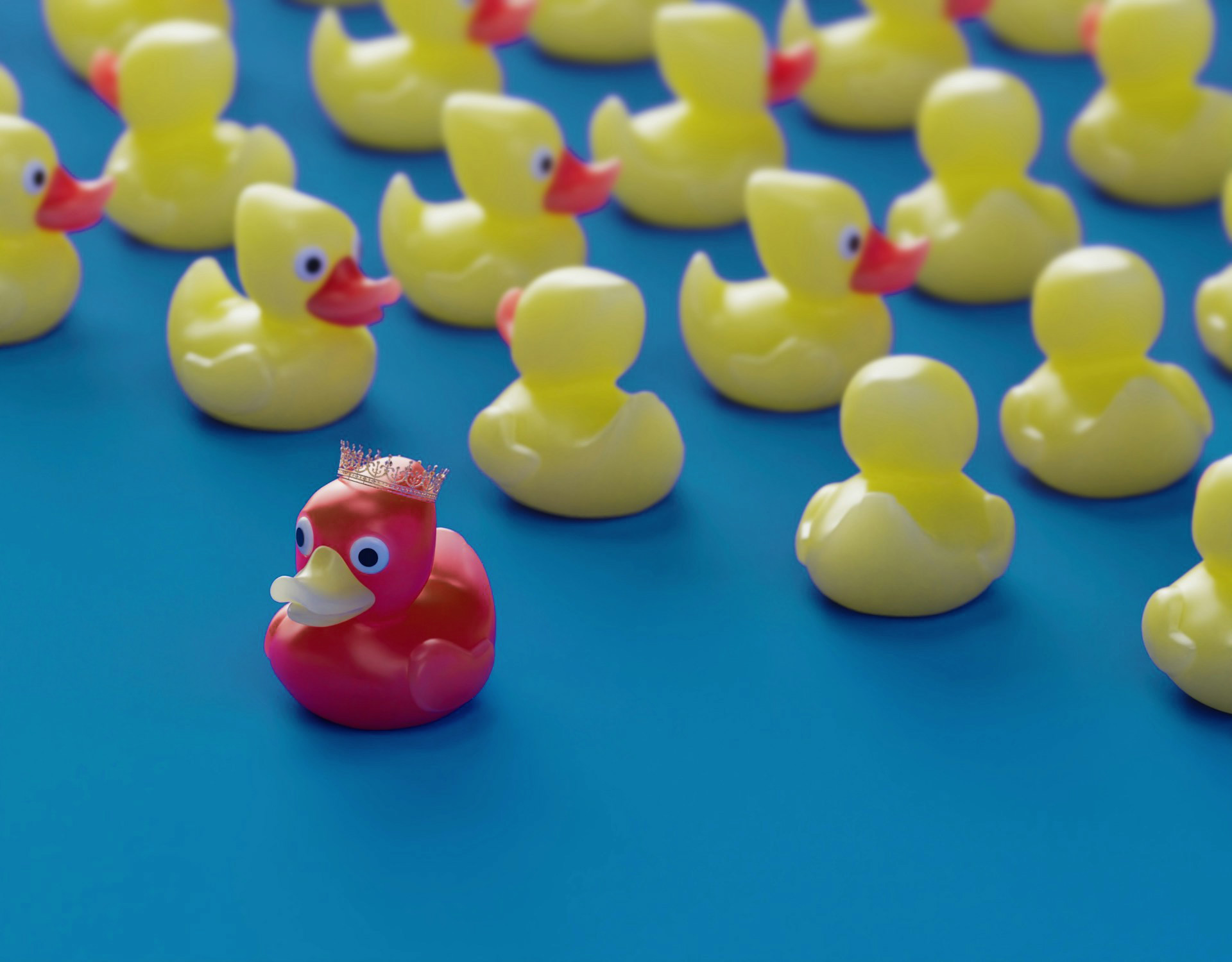 Red rubber duck with a crown standing out among yellow rubber ducks on a blue background, symbolizing uniqueness in strata managem