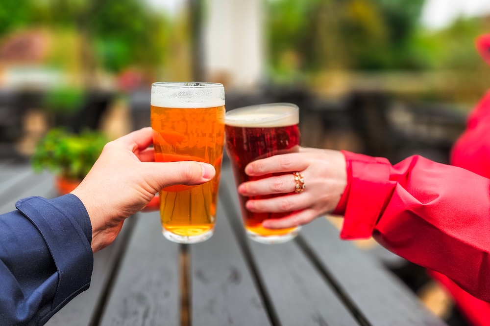 two friends sitting at a picnic table outside, toasting with raised glasses of beer at a craft brewery.