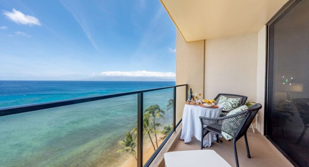 View of the ocean from the balcony of a vacation rental in Kaanapali
