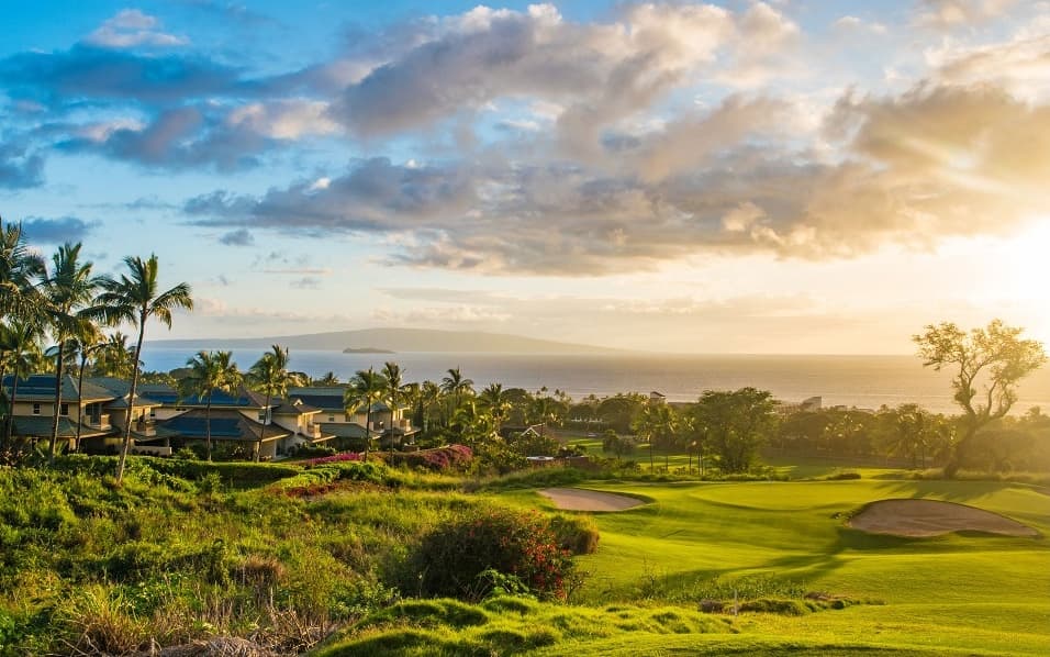 Green golf course with ocean views at Wailea golf course in Maui