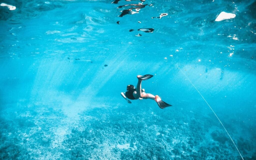 Woman snorkeling underwater in Maui in winter