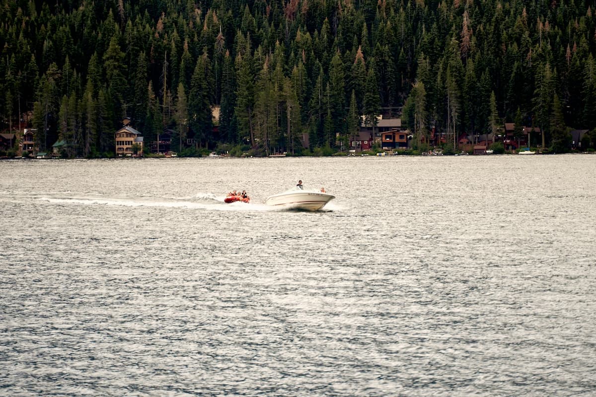 Speed boat pulling inflatable on the water in Donner Lake with tall green trees at the shoreline