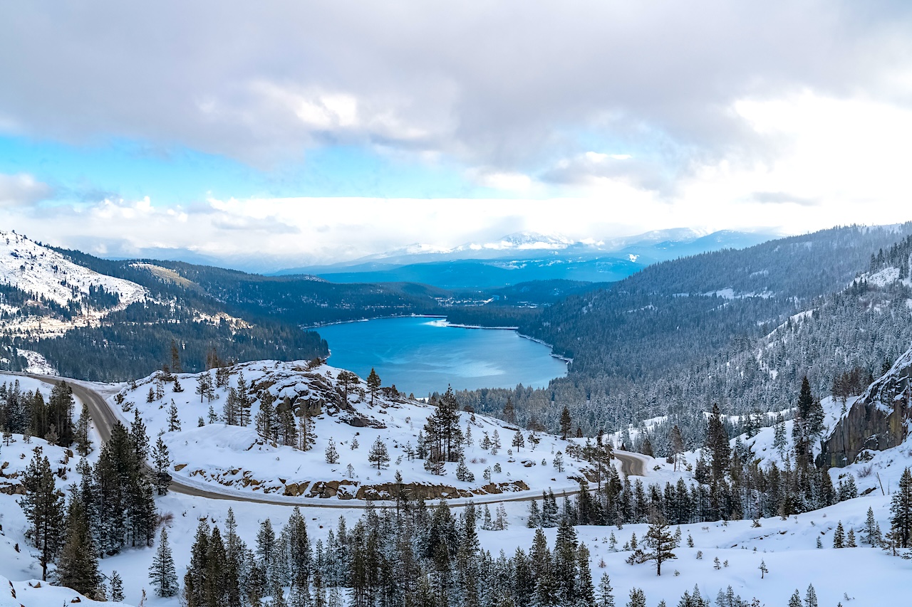 Donner lake under the snow in winter, in Nevada