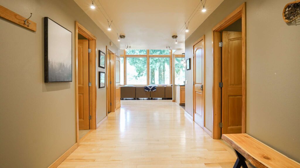 wide, accessible hallway  of cabin for mobility devices 