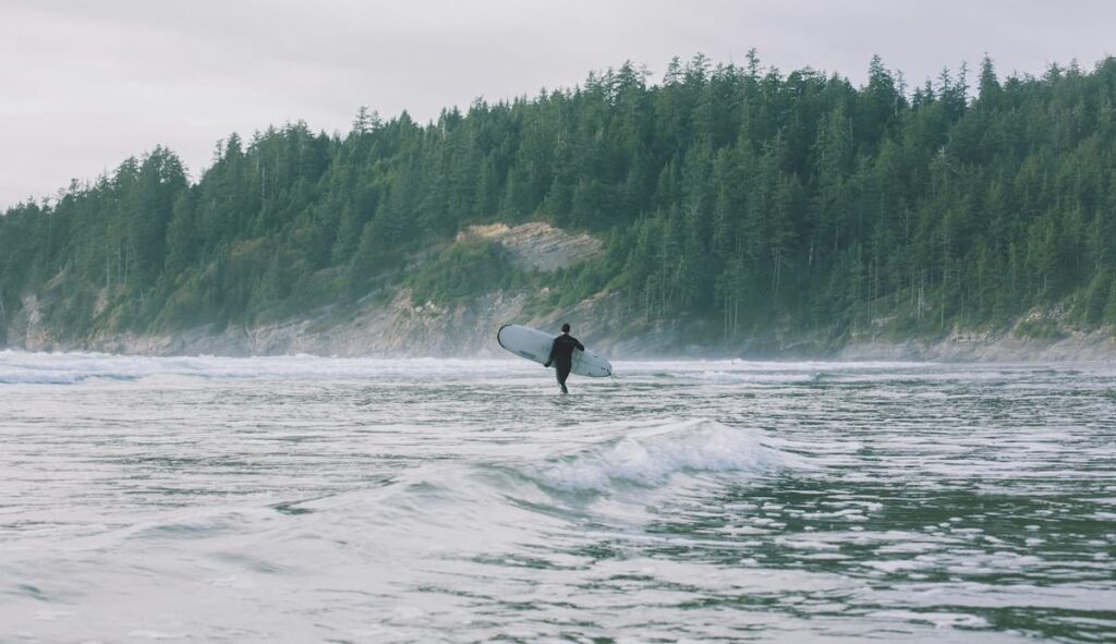 A man carrying a surfboard in the ocean with green forests in the background on the Oregon coast