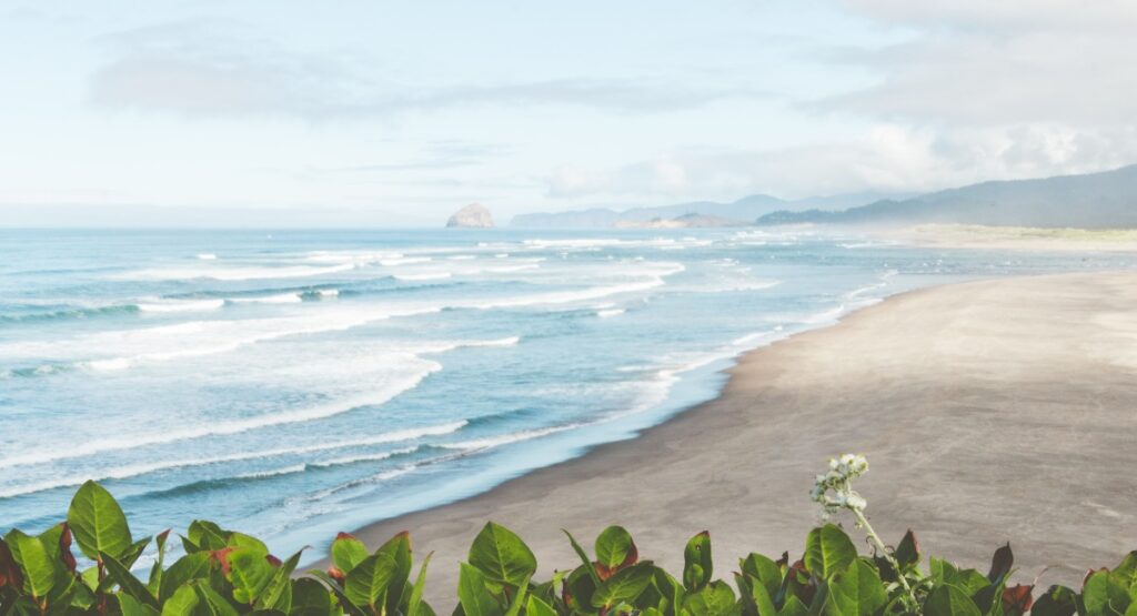 Neskowin Beach with calm blue waves and greenery