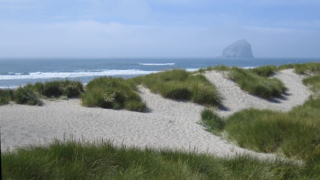 View of haystack rock in the foggy distance on the Nestucca Spit Trail hike in Bob Straub State park next to sand dunes