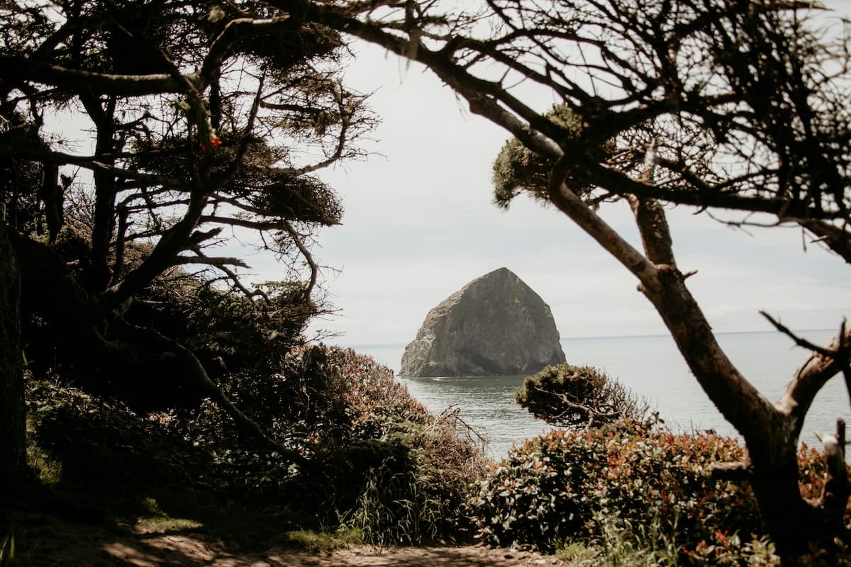 View of Haystack Rock from the Cape Kiwanda hiking trail near Tierra del Mar