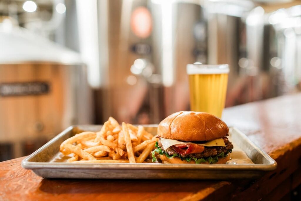 Burger fries and beer at brewery in Pacific City Oregon