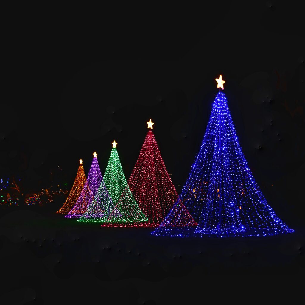 strings of christmas lights in the shape of trees - blue, red, green, pink and red - in a row