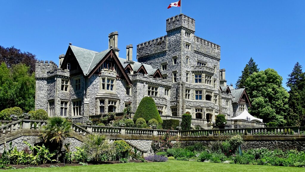 exterior of Hatley Castle in Victoria BC on a sunny day