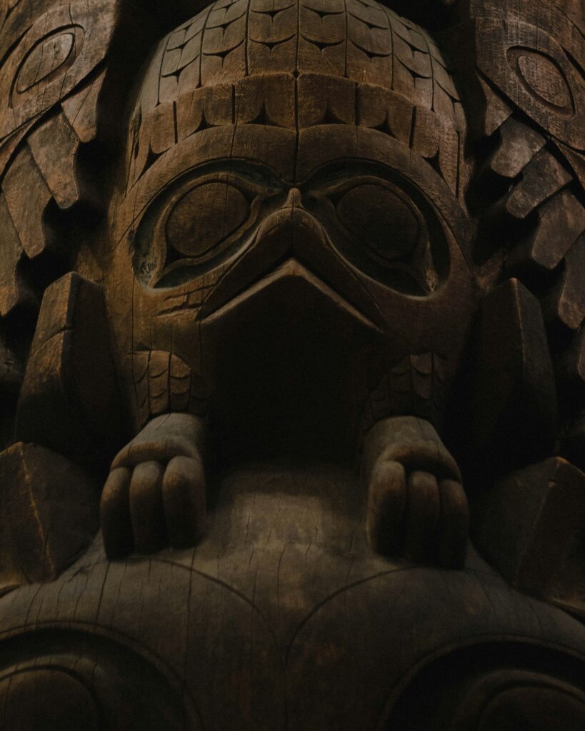 close up of a Coast Salish totem carving at the Royal BC Museum 