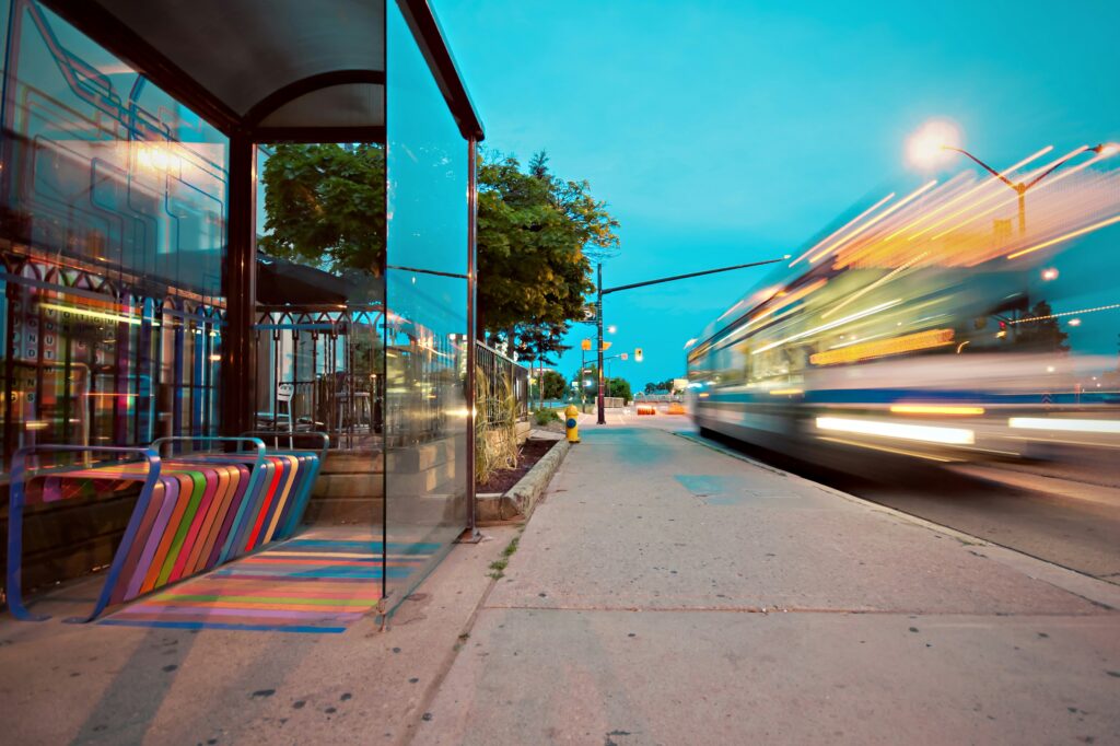time lapse of a bus going by in the evening - public transportation