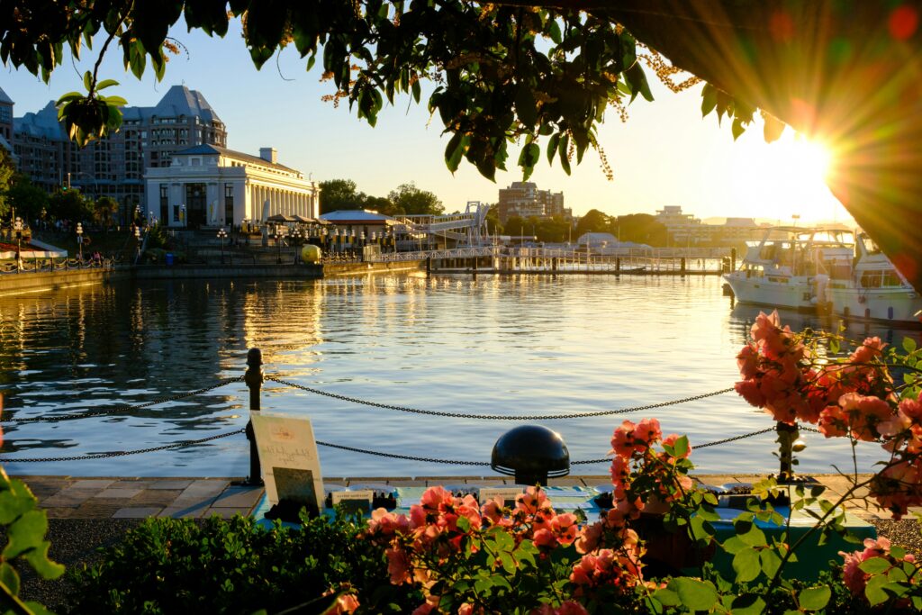 inner harbour victoria bc at sunset - best places to live on vancouver island